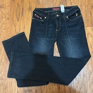 Baby Phat Y2K Dark Wash Bootcut Jeans Gold Cat Logo size 9